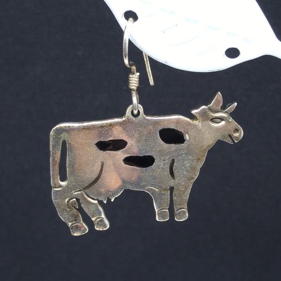Sterling Silver Cow Ear Wire Earrings, Stamped Mexico 925 - Picture 3 of 10